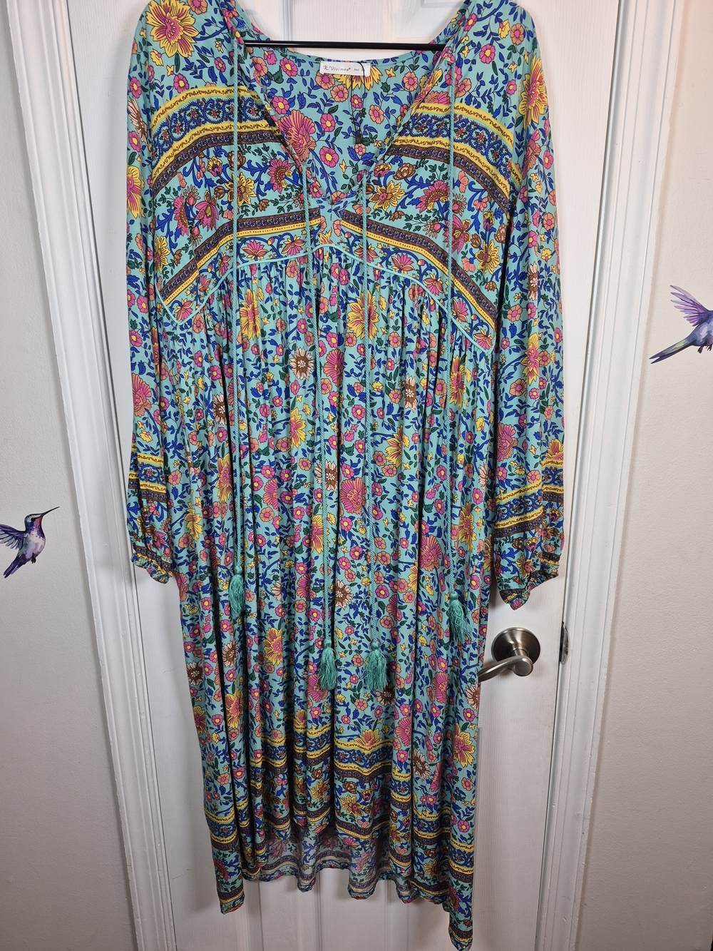 R Vivimos Boho Floral Maxi Dress 2XL Turquoise Tassel V Neck Prairie Festival